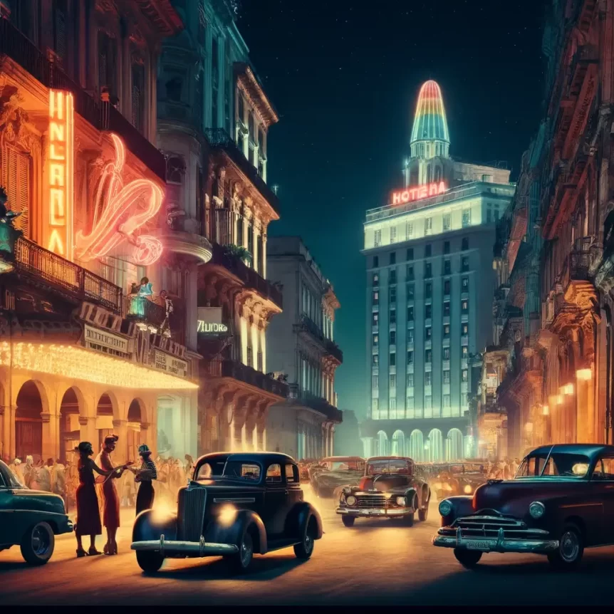A nighttime scene in Havana during the 1940s and 50s, featuring iconic landmarks like the Hotel Nacional de Cuba and vintage cars parked outside. The street is lively with people dressed in vintage attire, neon signs glowing, and the vibrant atmosphere of Havana's Mafia history.
