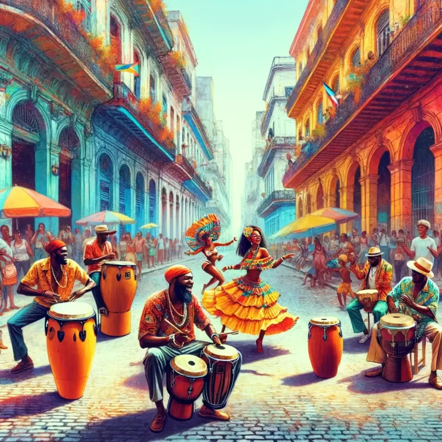 A vibrant scene in Havana with Afro-Cuban musicians playing traditional instruments like congas and bongos, and dancers in traditional attire performing energetic dance moves on a lively street with colorful buildings in the background.