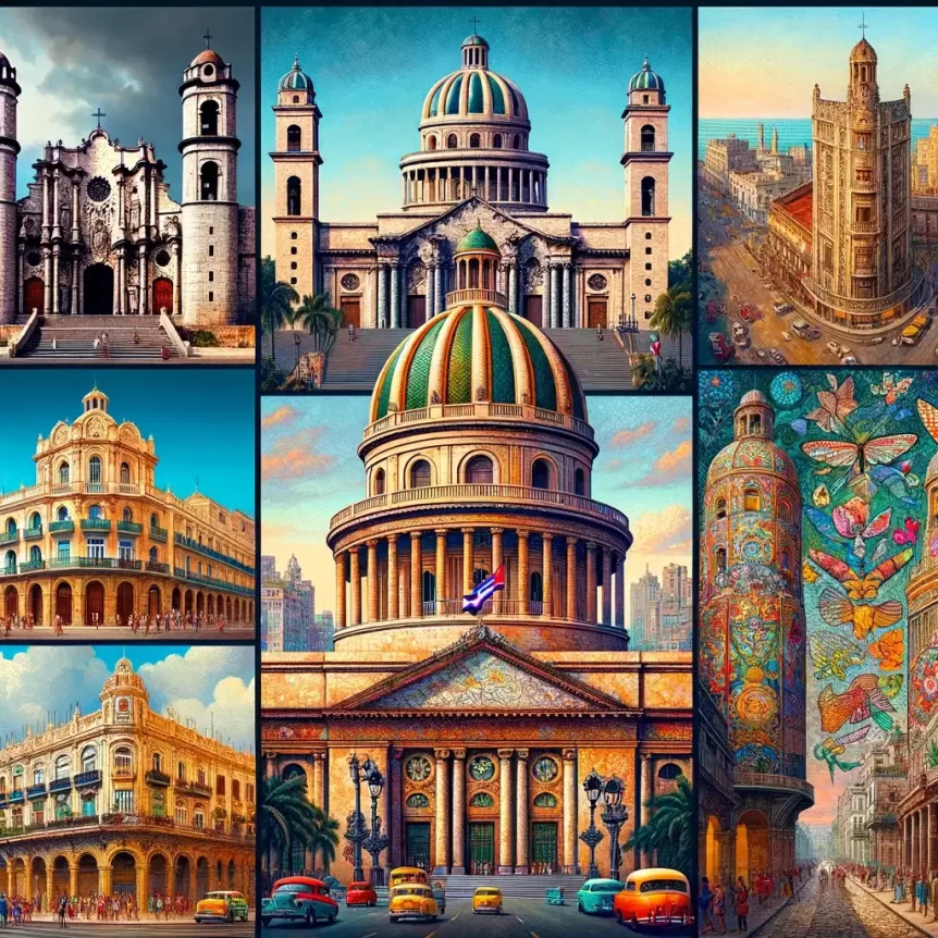 Havana iconic architecture: the Catedral de la Habana, Castillo de la Real Fuerza, El Capitolio, Edificio Bacardí, Hotel Nacional de Cuba, and the vibrant mosaics of Fusterlandia.